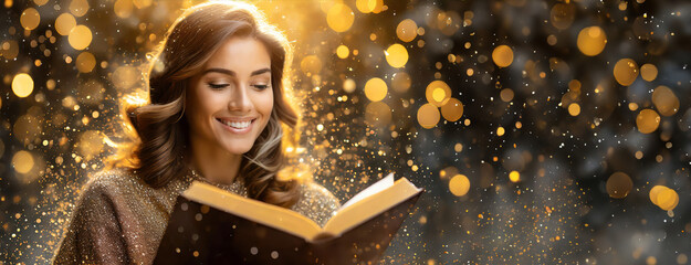 Woman reading open book in magical fairy festive light background. Concept of learning, education,...