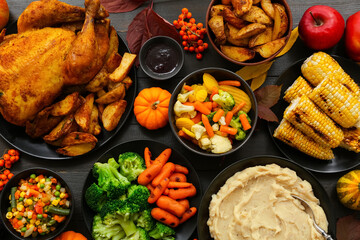 Festive dishes for Thanksgiving Day with pumpkin on dark wooden background