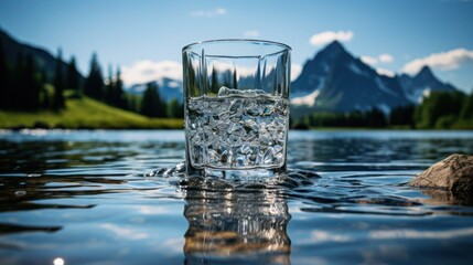 A glass filled with sparkling spring water, nestled in the natural beauty of a mountain lake.