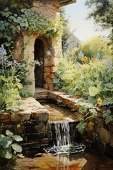 Watercolor drawing of an old stone well surrounded by wild vegetation and blooming flowers.