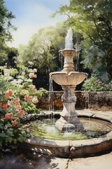 Classic fountain art in a blooming garden.