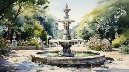 Picturesque watercolor of a magnificent garden fountain surrounded by a lush canopy of trees.