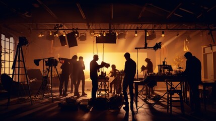 Film crew team lightman and cameraman working together with director in big studio, video production behind the scenes making of TV commercial movie - obrazy, fototapety, plakaty