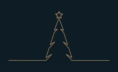 Christmas card with Christmas tree golden line shape on dark background.