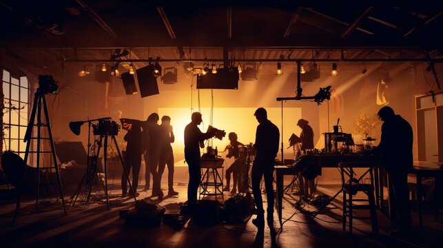 Film Crew Team Lightman And Cameraman Working Together With Director In Big Studio, Video Production Behind The Scenes Making Of TV Commercial Movie