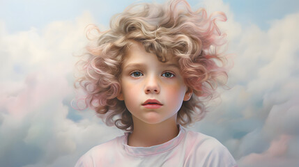 Portrait of young cute kid with curles. Soft pastel background. 