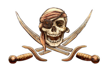 Skull and crossed swords for pirate flag isolated on transparent or white background, png