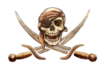 Skull and crossed swords for pirate flag isolated on transparent or white background, png