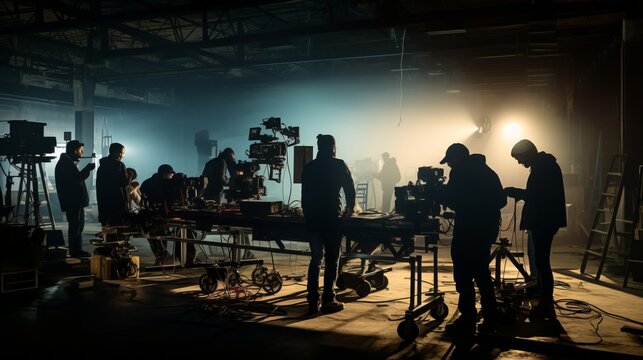 Film crew team lightman and cameraman working together with director in big studio, video production behind the scenes making of TV commercial movie