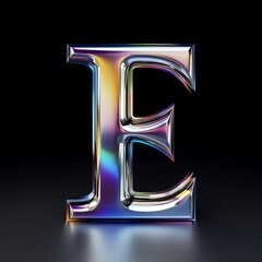 3d golden font letter E with neon iridescent graduated colors. Dark background. 