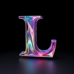 3d silver letter L in iridescent neon colors on a dark background. 