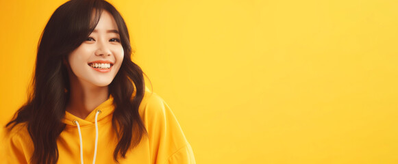 Portrait of young asian woman wearing yellow hoodie on yellow background. Concept of loose sports comfortable clothing