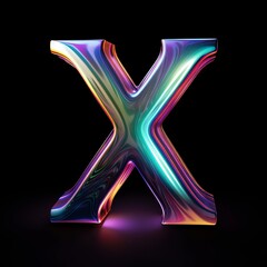 Glowing letter X or star on dark background. Neon alphabet, iridescent graduated colors. 