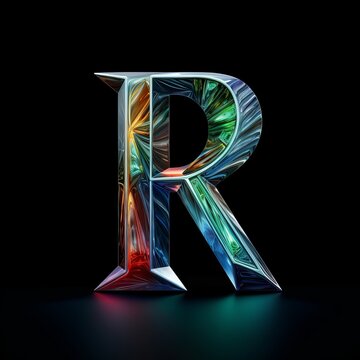 Glowing neon letter R in vibrant iridescent graduated colors on dark background.