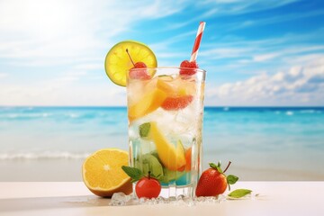 Quenching summer thirst: vibrant fruity drinks on ice, a refreshing blend of citrus, tropical flavors, and coolness for a perfect summer chill-out, deliciously tempting and visually appealing.