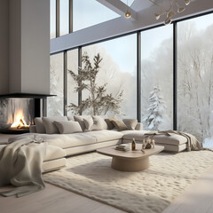 Modern white corner living room with a rectangular wooden table. in front of a fireplace. modern Scandinavian living room with large opening giving a view of the forest