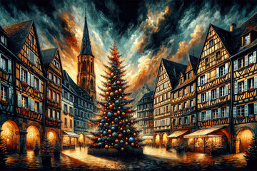 Christmas Tree in the Town Square - Seasonal Illustration