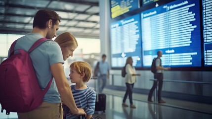 A young family at an international airport looks at the flight information board 
