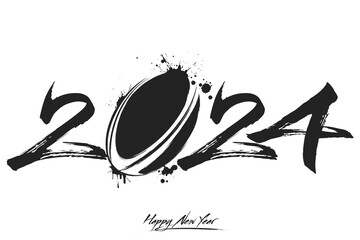 Happy New Year 2024 and rugby ball - obrazy, fototapety, plakaty