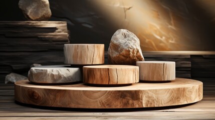 Artistic Wooden Podium with Stone Accents in a Dramatic Spotlight.