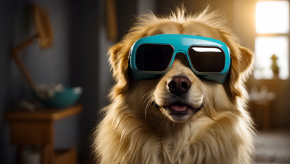 Cute dog wearing virtual reality glasses at home