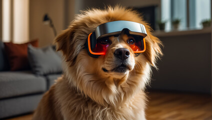 Cute dog wearing virtual reality glasses at home