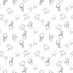 Seamless pattern with cute cartoon monsters. Black and white vector illustration.