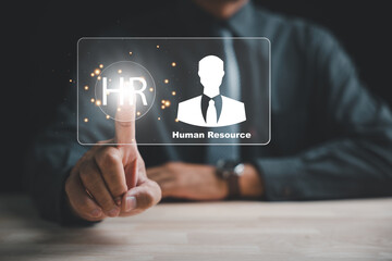 Modern HR Touchpoints, A businessman interacts with a virtual interface, highlighting the...