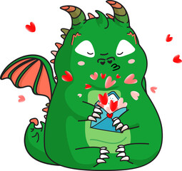 Fototapeta premium Dragon and blue envelope with hearts in its paws. Clipart.