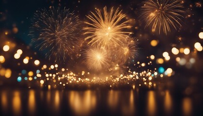 A vibrant great new year festival scene with fireworks and celebration with an object focused. Gold colors dominant. A new hope for better future.