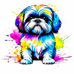colorful Shih Tzu dog watercolor with white background