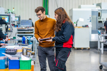 Manager and employee working with tablet in a cnc factory