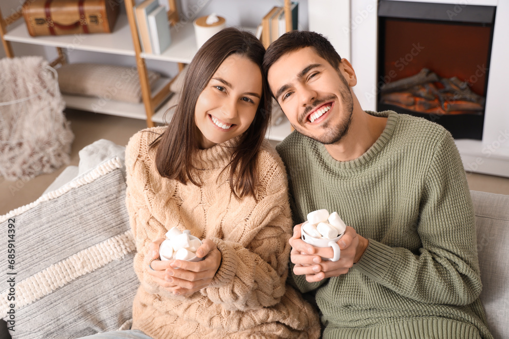 Sticker loving couple holding cups of cocoa with marshmallows at home on winter day