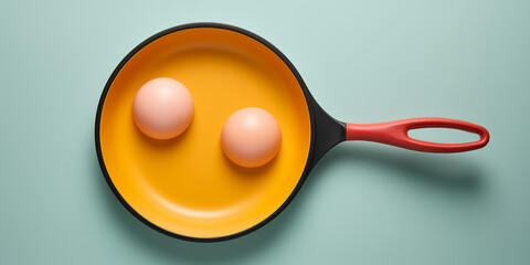 orange frying pan with eggs
