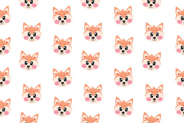 Seamless pattern with cartoon vector kawaii little cute fox face or head for kids, baby, children nursery, fabrics