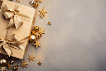 Fototapeta na wymiar Festive Christmas and new year celebration image with gift boxe stars and baubles on a frosty background Christmas holiday greeting card image desktop wallpaper with copy space