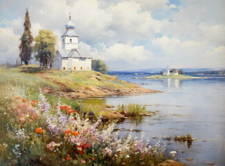 Fototapeta na wymiar Church near the river lake, lush landscape backgrounds, romantic riverscapes, white and blue.