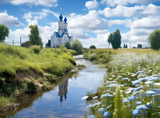 Church near the river lake, lush landscape backgrounds, romantic riverscapes, white and blue.