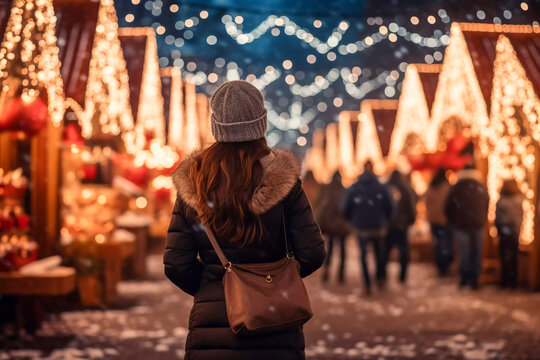 Young woman in wooly hat and warm coat viewed from behind walking through a festive Christmas marketplace Christmas and new year celebration image