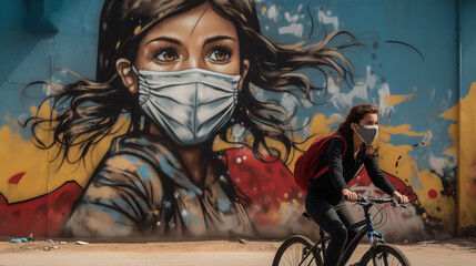 Girl wearing a mask, riding a bicycle in the city. Graffiti on the wall depicting the face of a...