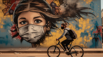 Teenage girl riding a bicycle, wearing a mask. Graffiti on the wall depicting the face of a child...