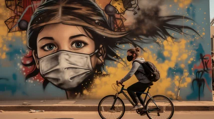 Plexiglas foto achterwand Teenage girl riding a bicycle, wearing a mask. Graffiti on the wall depicting the face of a child wearing a medical protective mask to prevent the spread of COVID-19. Urban art. © Studio Light & Shade