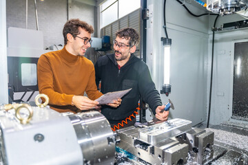 Engineers talking distracted while examining pieces in a cnc factory