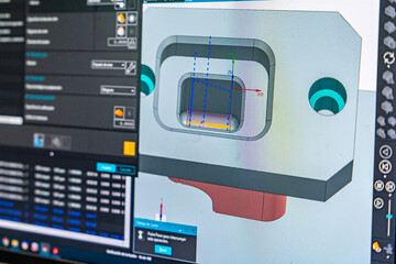 Computer screen with a simulation of a metal piece in a cnc modern factory office