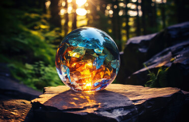  blown glass ball sitting on rocks near the water