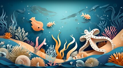 Fototapeta na wymiar Cartoon sea paper cut banner landscape with octopus, seaweeds and animals, vector undersea background. Ocean underwater or coral reef marine life in paper cut or cutout layers with shells and fishes