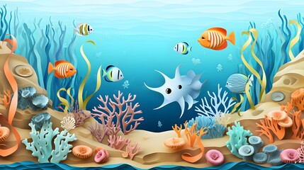 Naklejka na ściany i meble Cartoon sea paper cut banner landscape with octopus, seaweeds and animals, vector undersea background. Ocean underwater or coral reef marine life in paper cut or cutout layers with shells and fishes