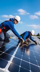 Technicians installing photovoltaic solar panels on roof of house