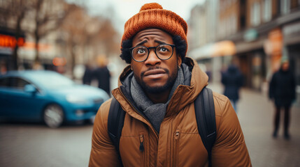 A Black African American man wearing winter attire, including a woolen hat, with a surprised, disappointed, or confused expression