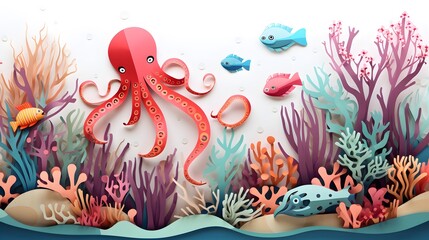 Cartoon sea paper cut banner landscape with octopus, seaweeds and animals, vector undersea background. Ocean underwater or coral reef marine life in paper cut or cutout layers with shells and fishes - obrazy, fototapety, plakaty